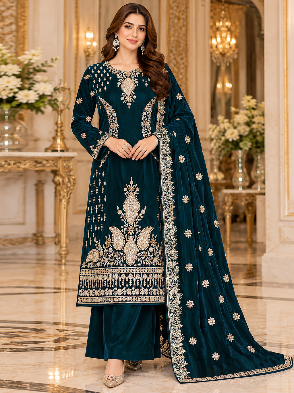 A woman models a dark teal green ethnic salwar kameez suit with intricate gold and silver embroidery, paired with a matching dupatta, in an ornate, luxurious room.