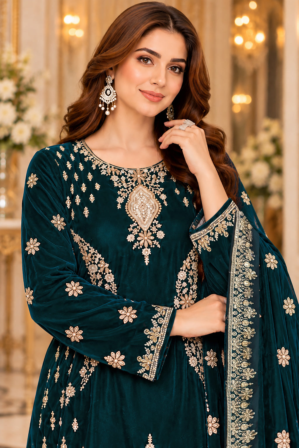 A woman modeling a dark teal green traditional embroidered dress with ornate gold and silver mirror work on the neckline and sleeves, paired with a matching embroidered dupatta, set against a softly blurred indoor background with warm lights and floral arrangements.