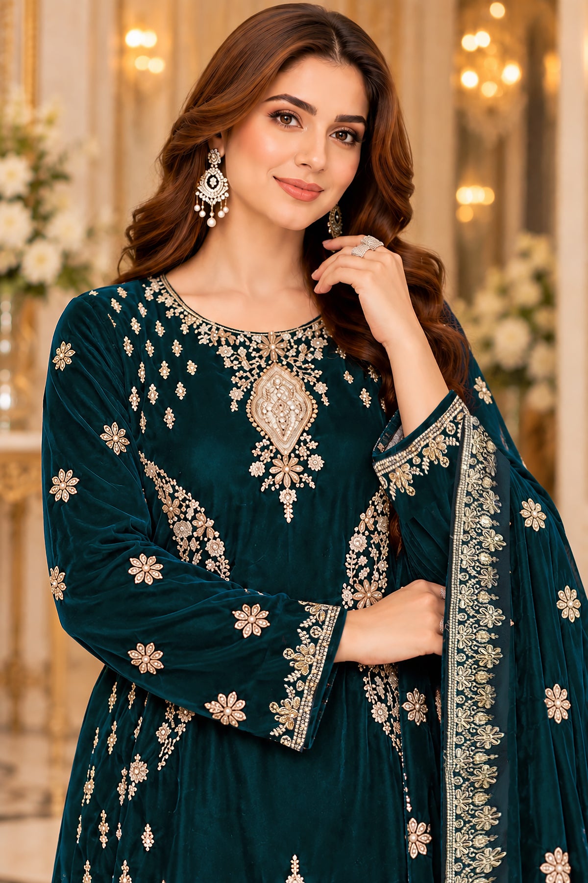 A woman modeling a dark teal green traditional embroidered dress with ornate gold and silver mirror work on the neckline and sleeves, paired with a matching embroidered dupatta, set against a softly blurred indoor background with warm lights and floral arrangements.