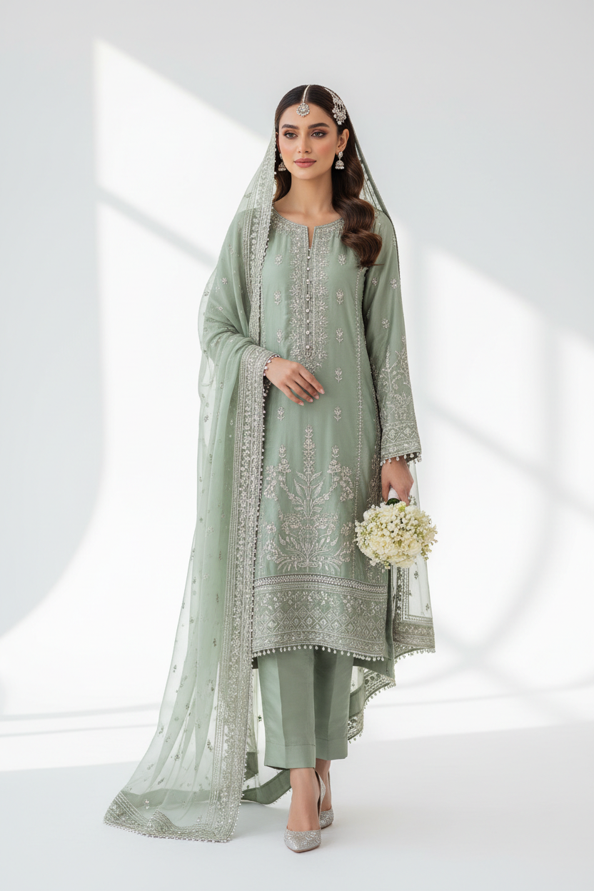 Sage Green Bridal Suit with Tissue Dupatta - KADZE Bridals Edit 2026