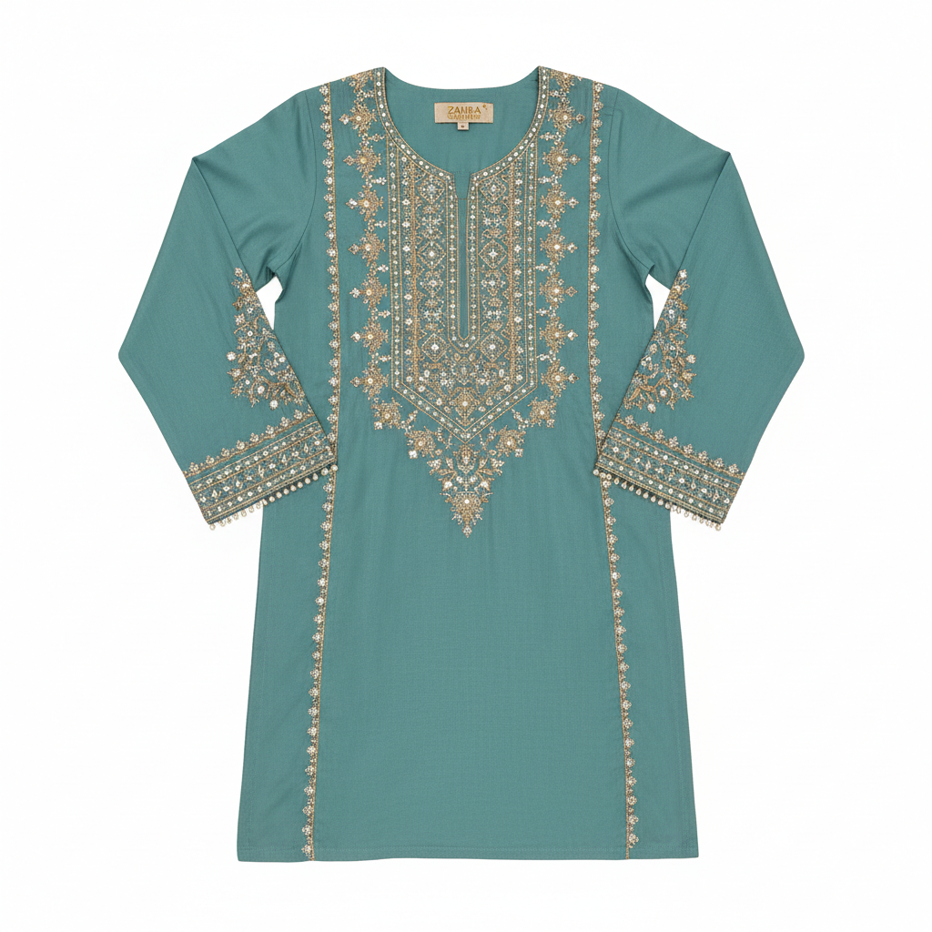 Embroidered Teal Kurta - Pakistani traditional dress with intricate embroidery