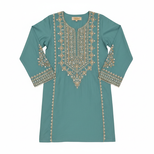 Embroidered Teal Kurta - Pakistani traditional dress with intricate embroidery