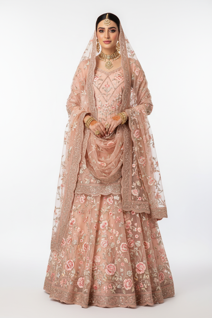 Peach Organza Embroidered Bridal Suit - KADZE Bridals Edit 2026