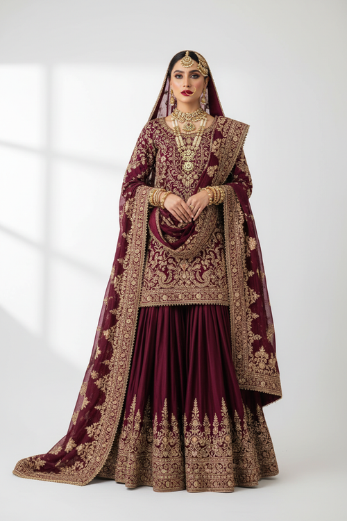 Burgundy Silk Bridal Gharara Set - KADZE Bridals Edit 2026
